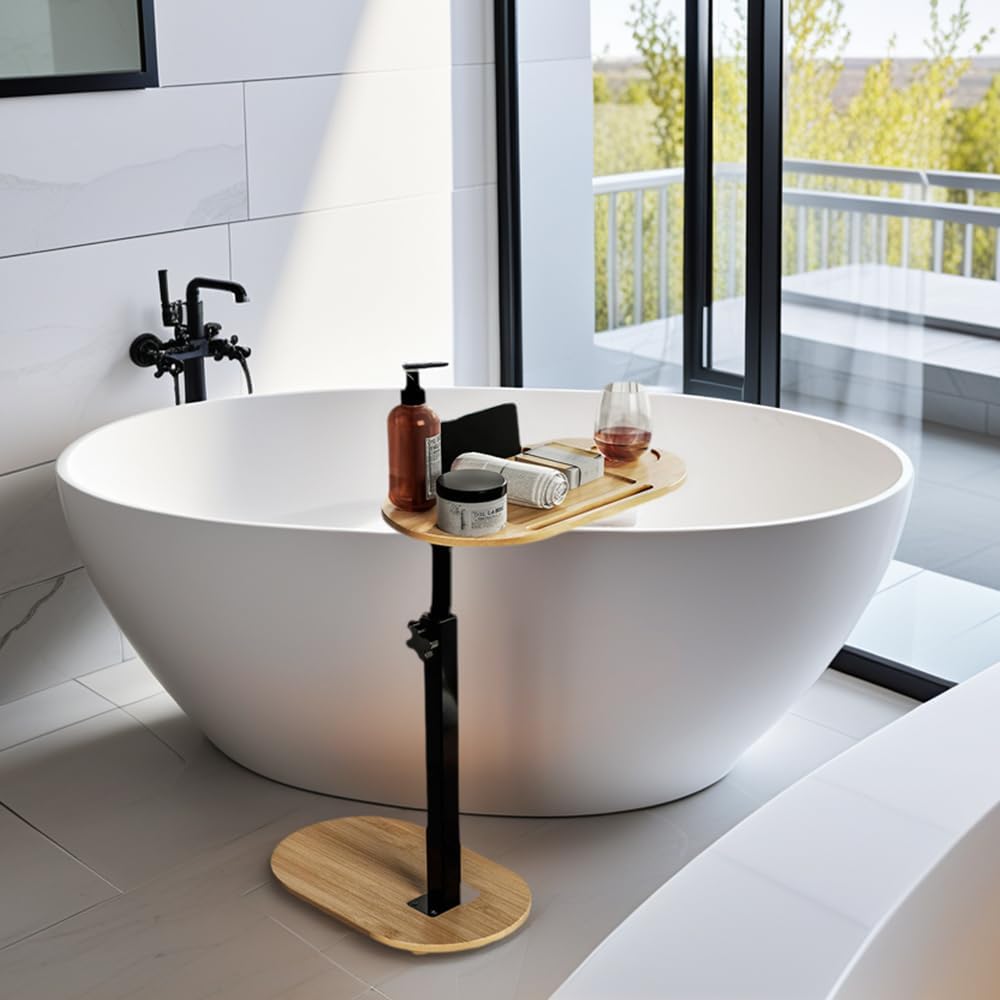 Beistelltisch C Form Sofatisch Höhenverstellbar (42-82cm), 360° Rotierend Bambus Beistelltische Holz