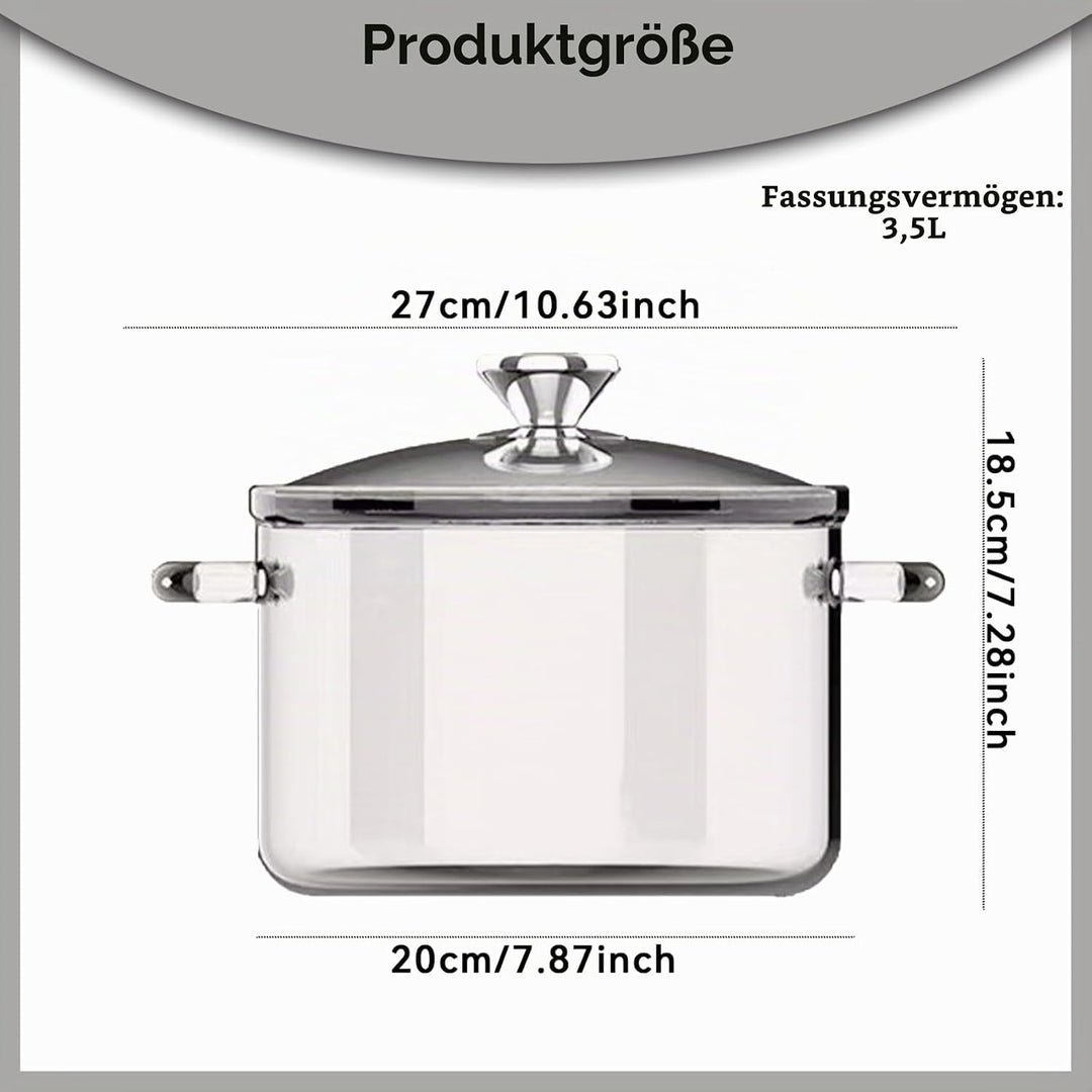 Kochtopf aus Glas 3, 5 l herdsicher Kochtopf aus Borosilikatglas mit Doppel-Ohrgriffen und Deckelgri