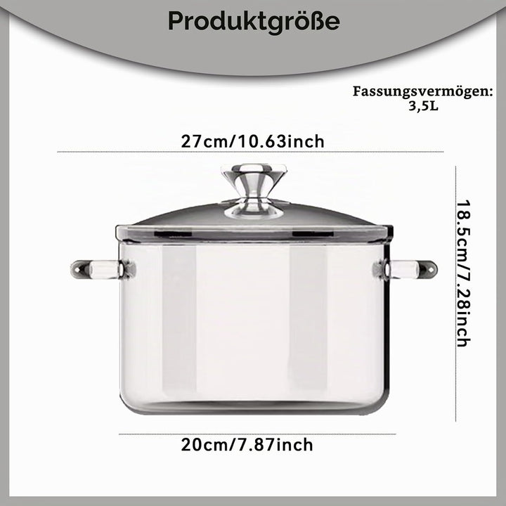 Kochtopf aus Glas 3, 5 l herdsicher Kochtopf aus Borosilikatglas mit Doppel-Ohrgriffen und Deckelgri