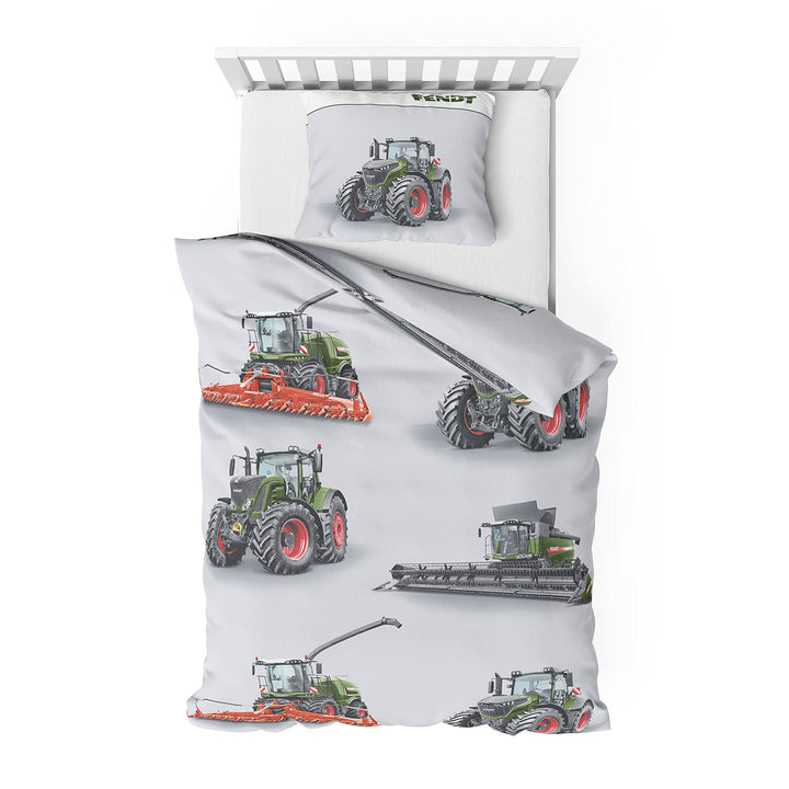 Träumschön Traktoren Bettwäsche 135x200 Jungen - Traktor &amp; Mähdrescher Design - Graue Bettwäsche aus