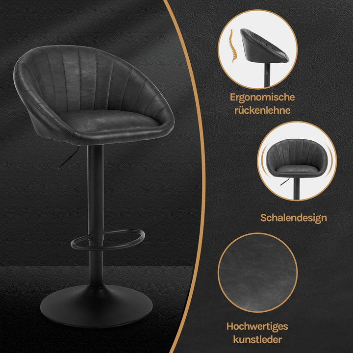 WOLTU Barhocker 2er Set, Barstuhl Höhenverstellbar, PU-Bezug, Anthrazit | Drehbarer Bar Stool mit Rü