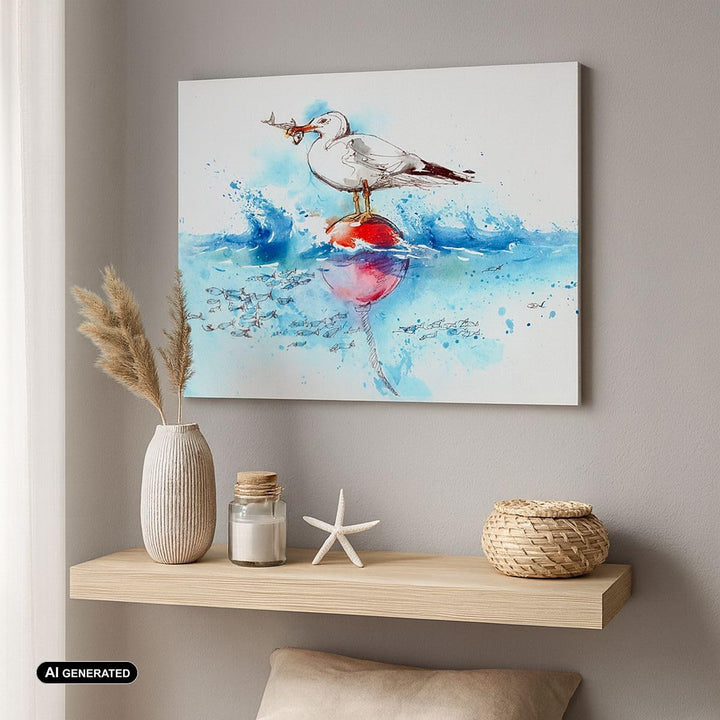 Bilder auf Leinwand 100x70cm Leinwandbild Wasser Fische Möwe hungrig Gross Wanddeko Bild Schlafzimme