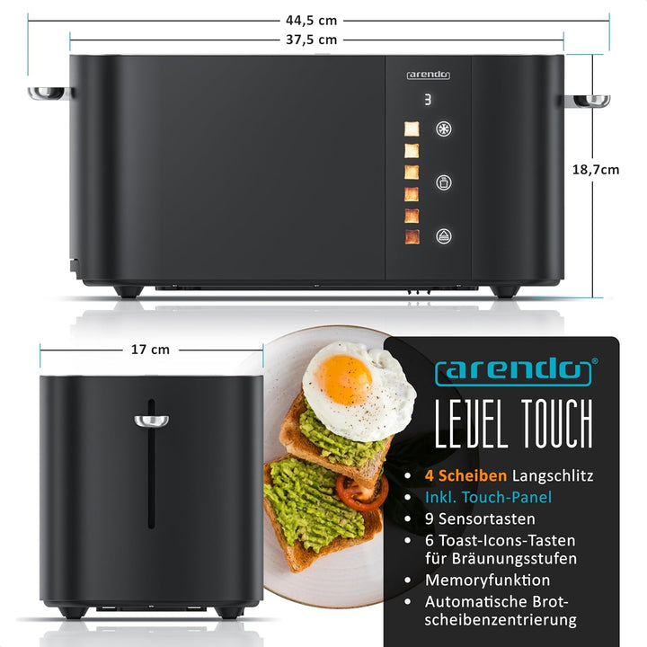 Arendo - Edelstahl Toaster 4 Scheiben Langschlitz - Touchscreen – Doppelwandgehäuse – 1500 W – Integ