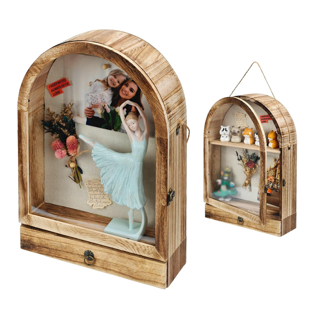 28 x 40 cm Schattenkasten mit Schubladen und abnehmbaren Regalen, Archbraun Holz-Nostalgiekasten für