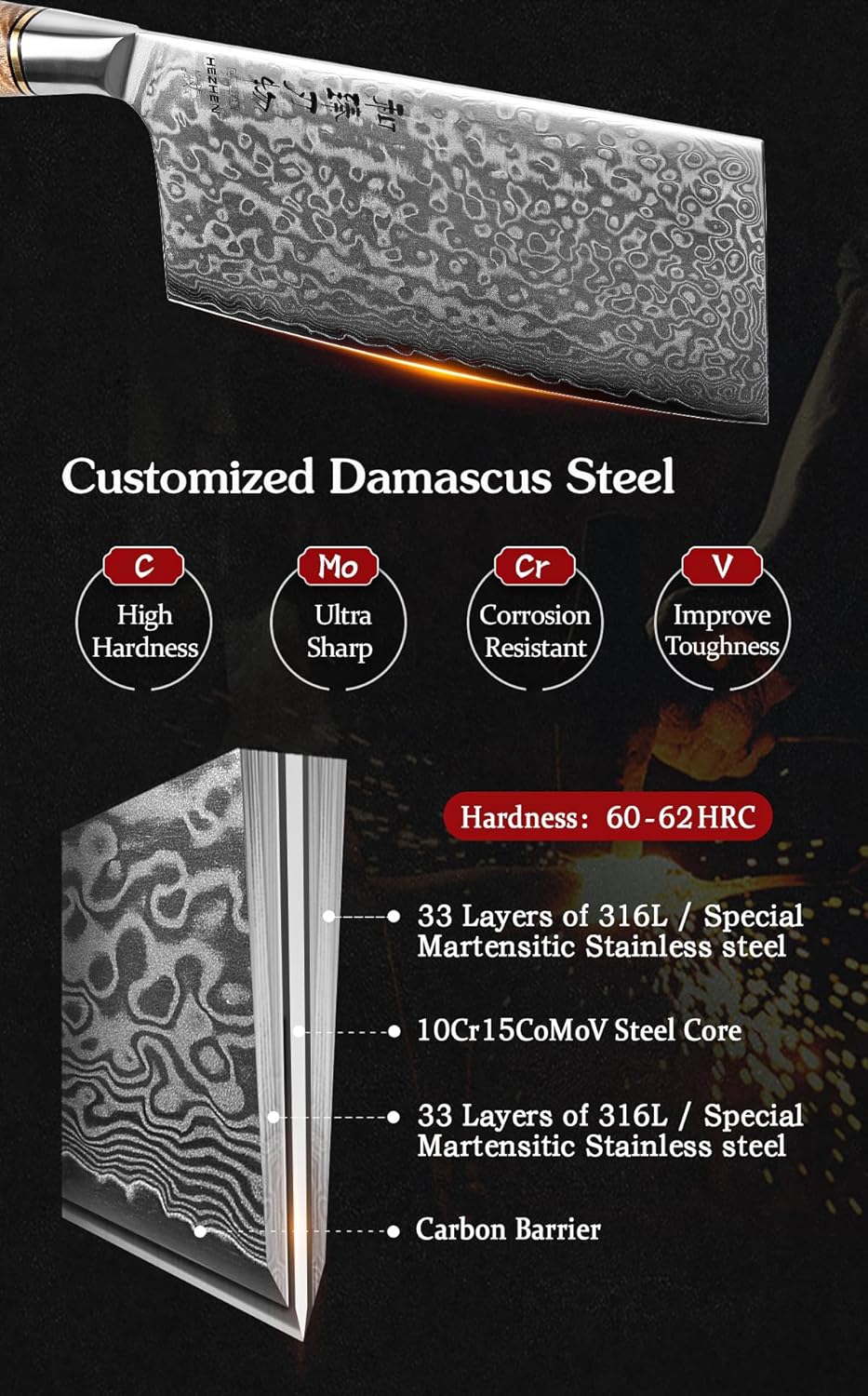 HEZHEN Küche Gemüse Fleischbeil Chinesischer Koch Kochmesser 17.3cm-Metzgermesser 67-Lagig Damaskus