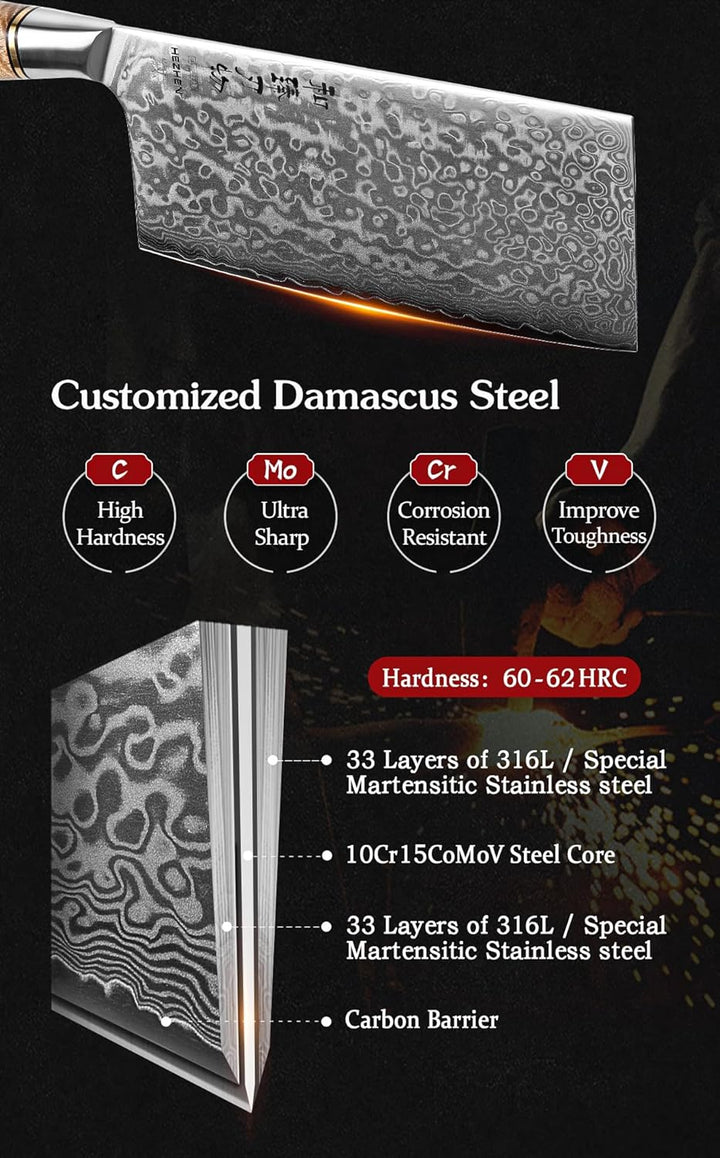 HEZHEN Küche Gemüse Fleischbeil Chinesischer Koch Kochmesser 17.3cm-Metzgermesser 67-Lagig Damaskus