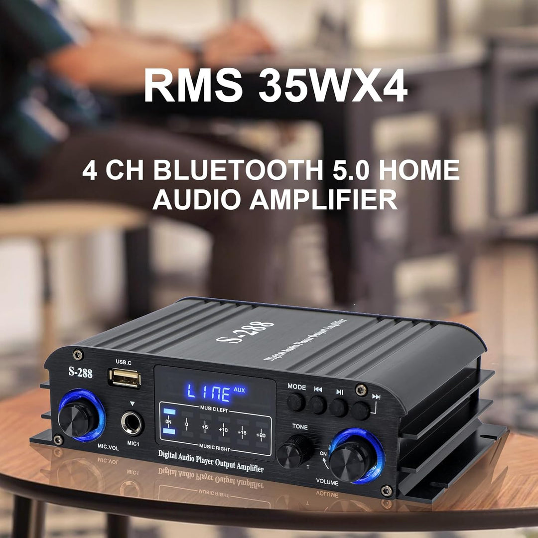 4 Kanal Mini Verstärker, 1200 W HiFi-Verstärker, Bluetooth 5.0-Stereoverstärker, UKW-Radio, tragbare