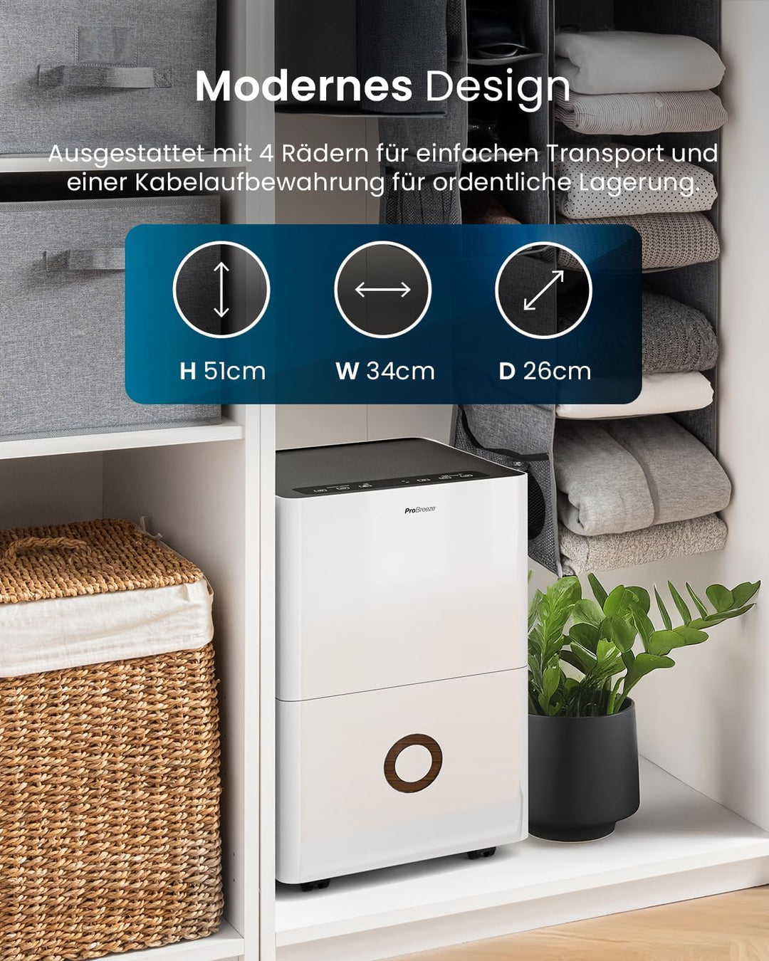 Pro Breeze Luftentfeuchter 30L in 24h Entfeuchtungsleistung - Elektrischer Luftentfeuchter mit WLAN