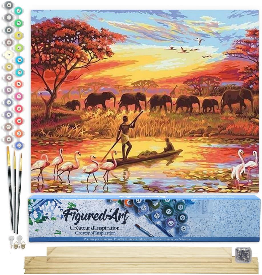 Figured'Art Malen Nach Zahlen Erwachsene Mit Rahmen Sonnenuntergang Elefanten - Paint by Numbers Bas