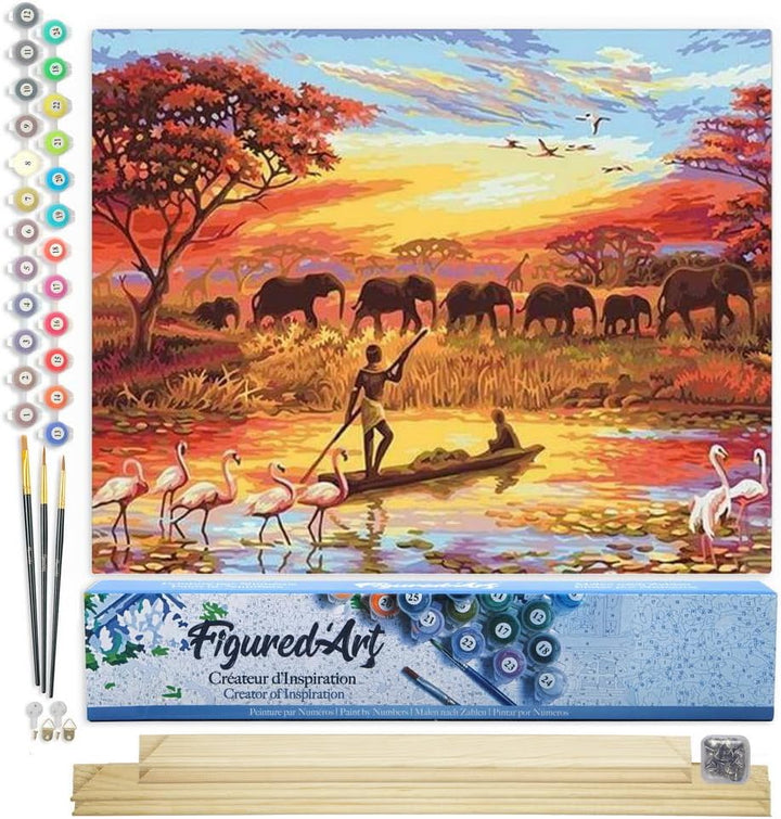 Figured'Art Malen Nach Zahlen Erwachsene Mit Rahmen Sonnenuntergang Elefanten - Paint by Numbers Bas