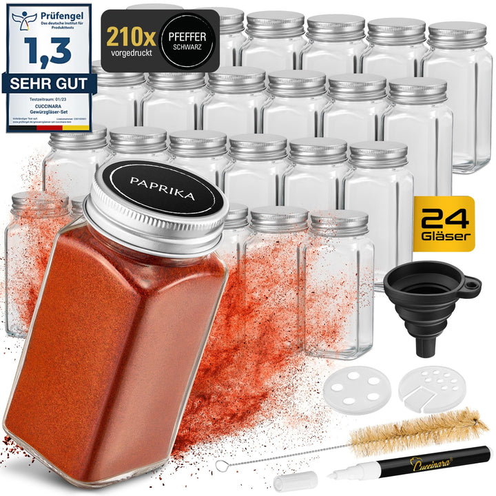 Cuccinara® Gewürzgläser Set [Eckig - 24 Stk. I 120ml - 10,5cm x 4,3cm] mit Gewürzetiketten, Streuein