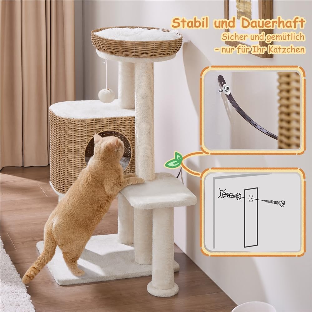 Yaheetech Kratzbaum Rattan Kletterbaum für grosse Katze bis 10 Kg, Stabiler Katzenbaum 91cm mit gros