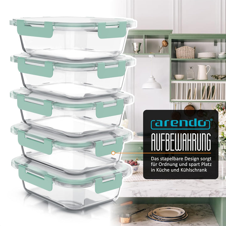 Arendo - Lunchboxen Glas - Frischhaltedosen für Lebensmittel mit Deckel luftdicht - 5er Set - 1000 m