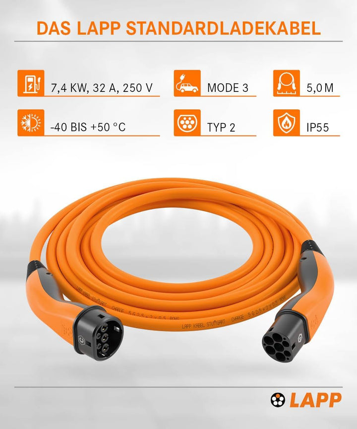 Lapp Mobility Typ 2 Ladekabel 7,4 KW/Glatt / 32 A / 1-Phasig/E-Auto Ladekabel/Mode 3 / 5m 5 Meter Or