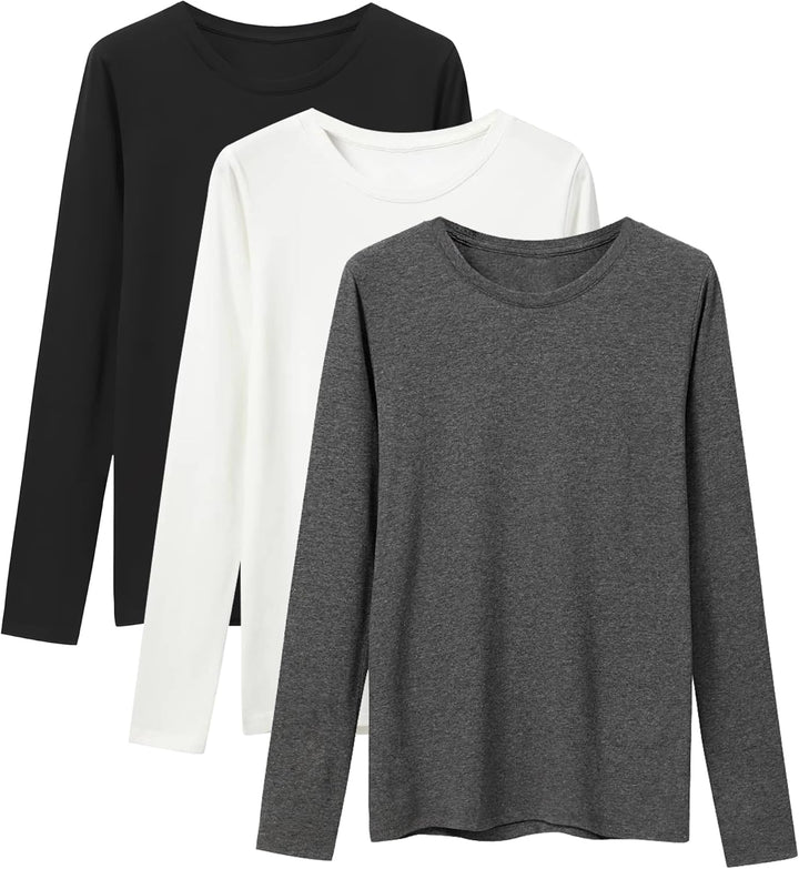 LiKing Langarmshirt Damen Basic Longsleeve Langarm-Shirt Oberteil Tops mit Stretch Baumwolle 3er Pac