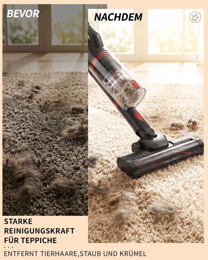 Akku Staubsauger Kabellos – 40KPa/500W/50 Min, 1L kabelloser Staubsauger mit V-förmiger Anti-Tangle-