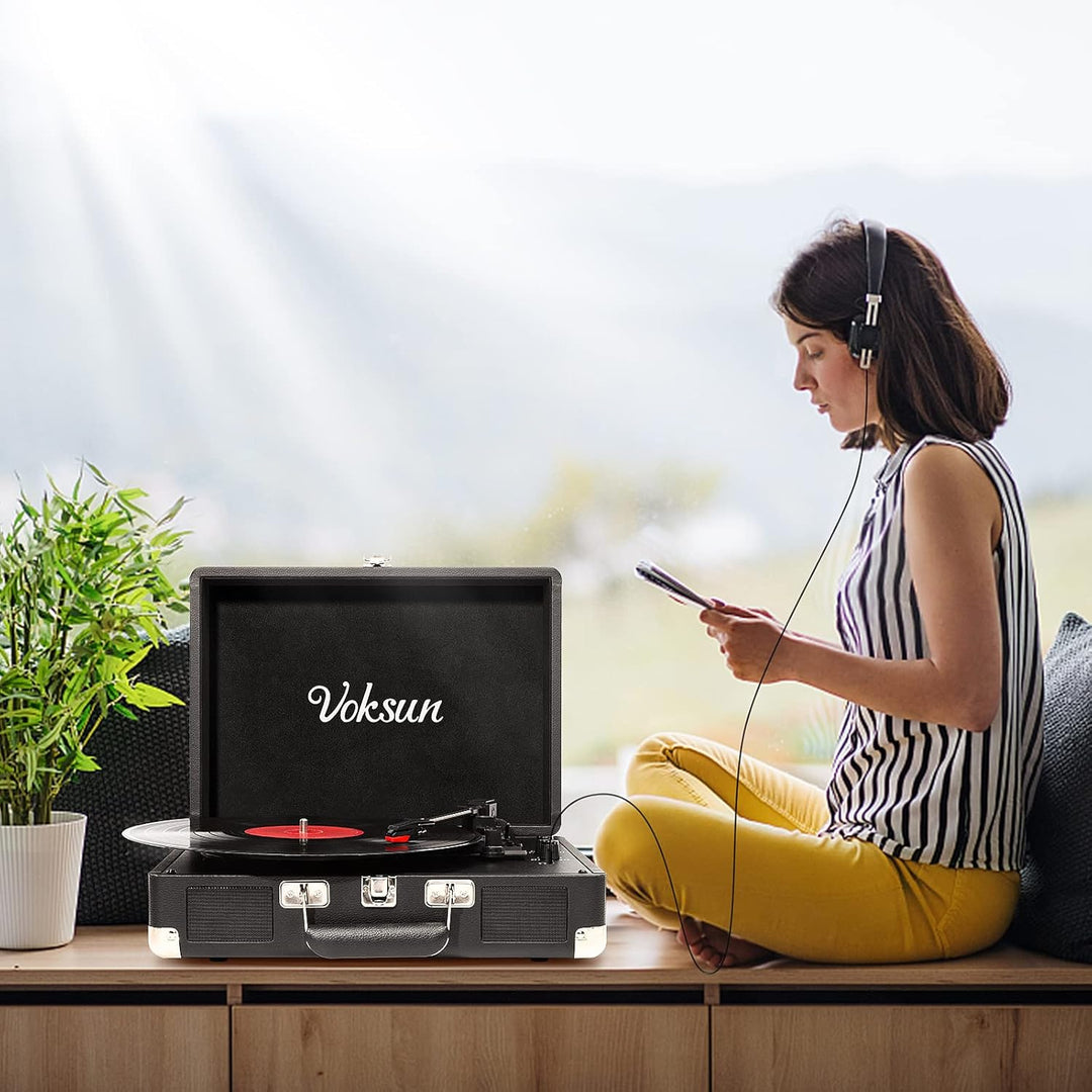 Voksun Bluetooth Record Player, Vinyl Turntable, Built-in Speaker, Belt Drive 33/45/78 RPM, Portable