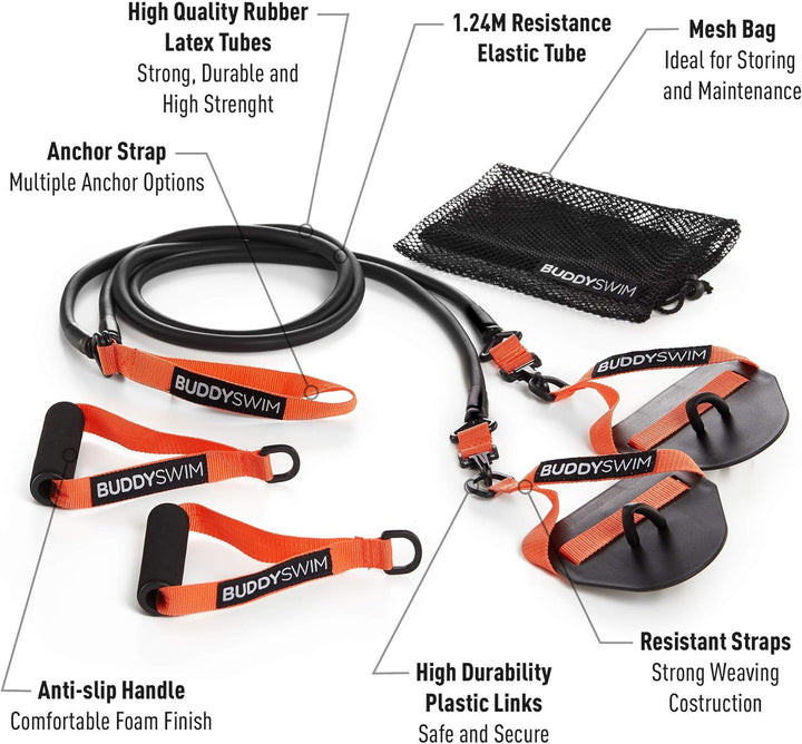 Buddyswim Super Stroke Dryland Cords Widerstandsgummis mit austauschbaren Griffen und Paddles. Elast