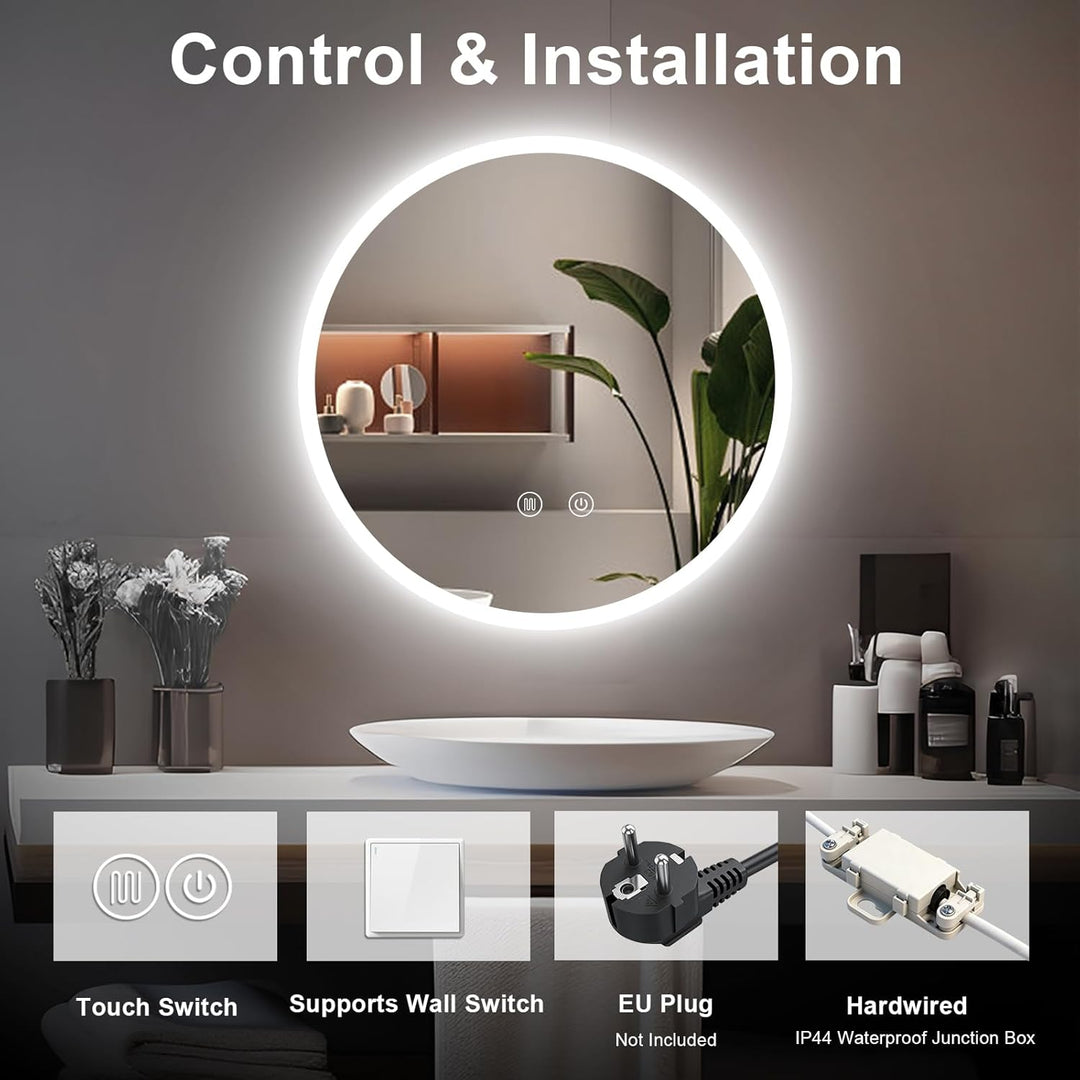 Rund Badspiegel mit Beleuchtung, Badezimmerspiegel Wandspiegel 60cm und Touch-Schalter, IP65-Led-Spi