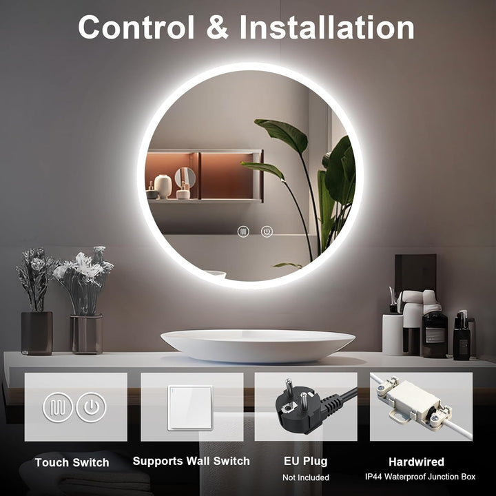 Rund Badspiegel mit Beleuchtung, Badezimmerspiegel Wandspiegel 60cm und Touch-Schalter, IP65-Led-Spi