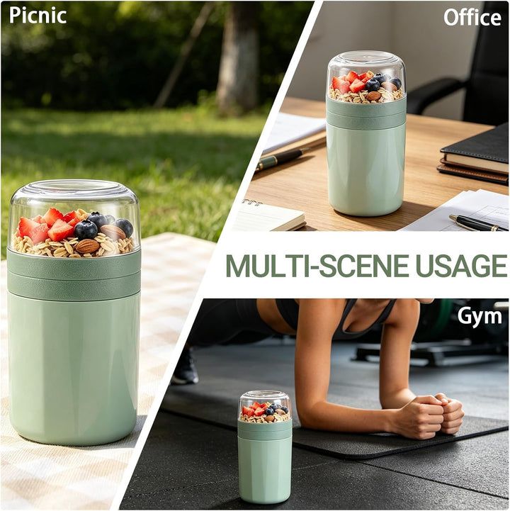 2 Stück Müslibecher mit Löffel, 3-Schicht-Design Auslaufsicher Müsli Becher mit Sossenbox, MüsliTogo