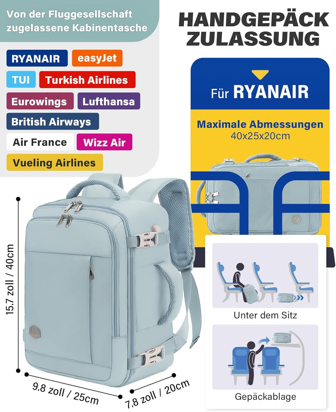 VANKEV für Ryanair Handgepäck 40x20x25 Laptop Rucksack Reiserucksack Klein Handgepäck Tasche Rucksac