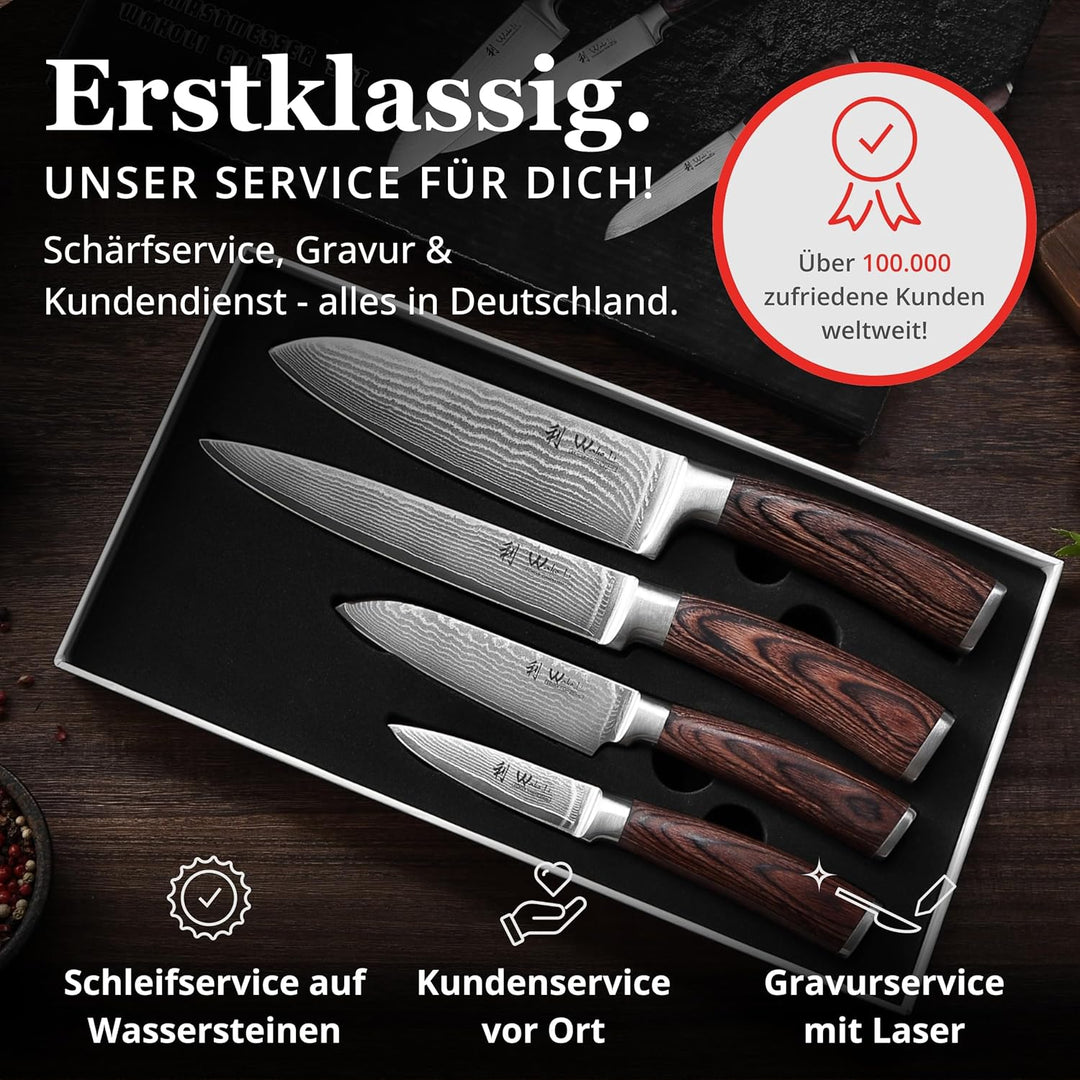 Wakoli Edib 4er Damastmesser-Set mit Klingenlängen von 8,50cm bis 18,00cm extrem scharf aus 67 Lagen