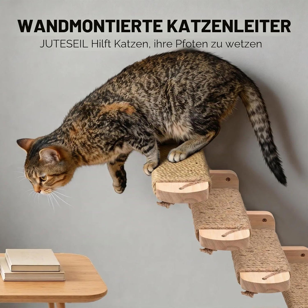4pcs Katzentreppe Wand, Kletterwand Katzen aus Holz,Wandliege Kletterwand Katzen mit Juteseil zum Kr