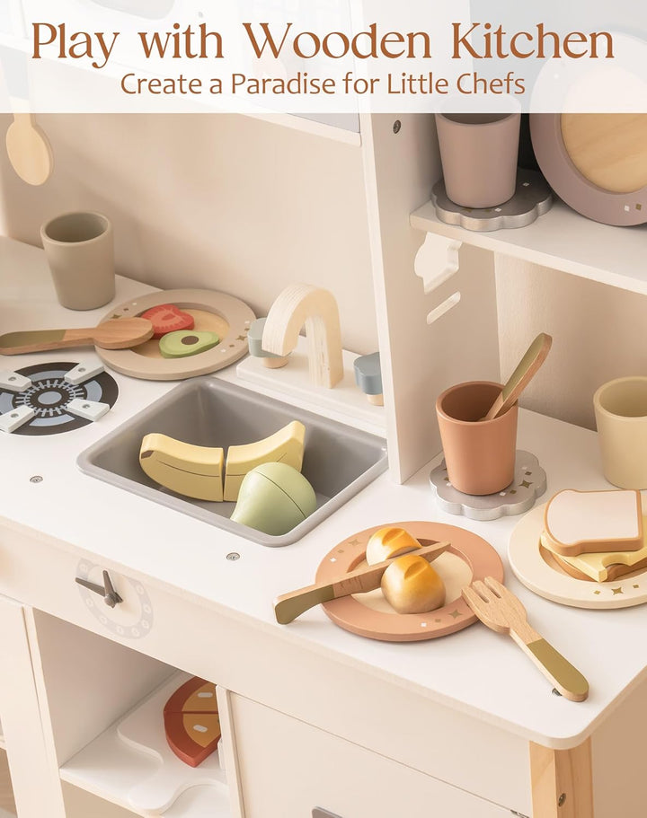 ROBOTIME 29Pcs Holzgeschirr-Set für Kinder, Spielgeschirr Kinderküche Zubehör, Montessori Küchenzube