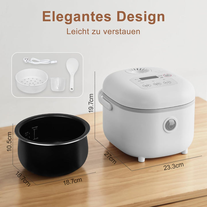Bear Reiskocher Weiss 2L mit Dampfgarer, 6 Reiskochfunktionen mit braunem Reis, Dampf, Brei, Suppe,