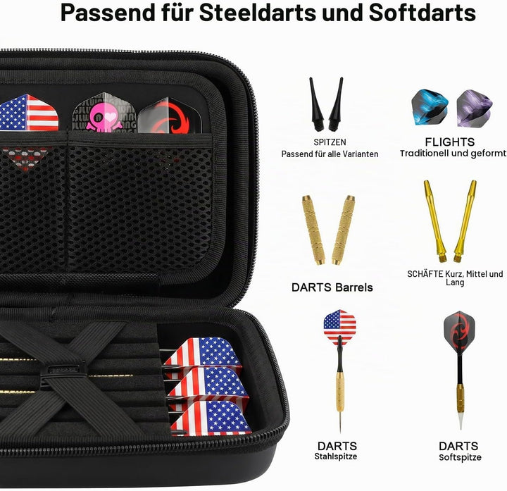 Darttasche, Dart Tasche für Stahl- oder Softtip-Darts, Platz für 12 komplett montierte Darts und Zub