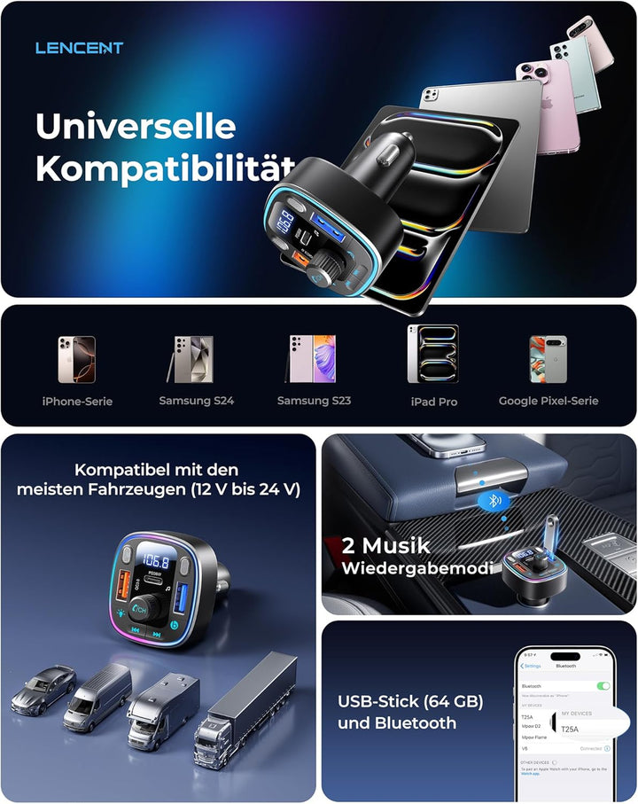 LENCENT FM Transmitter Auto Bluetooth 5.4, 54 W Auto Bluetooth Adapter, Dual USB-Anschlüsse Schnelll