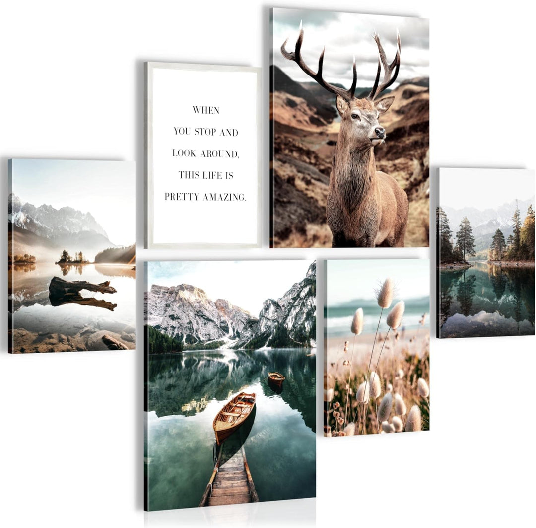 Novart Bilder Set - AUFHÄNGFERTIG - KEIN EXTRA RAHMEN BENÖTIGT - Wald Hirsch Modern Natur Berge - Wo