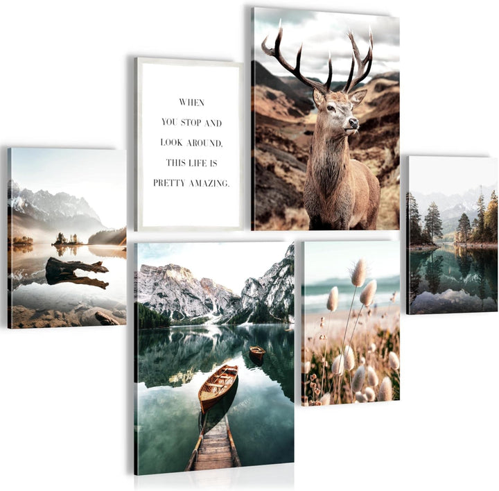Novart Bilder Set - AUFHÄNGFERTIG - KEIN EXTRA RAHMEN BENÖTIGT - Wald Hirsch Modern Natur Berge - Wo
