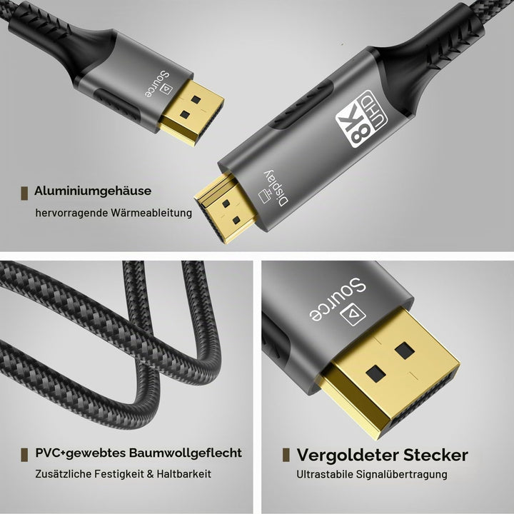 PremiumCord 8K Kabel DisplayPort 1.4 auf HDMI 2.1, Stecker auf Stecker, Auflösung 8K@60Hz,4K@144Hz,