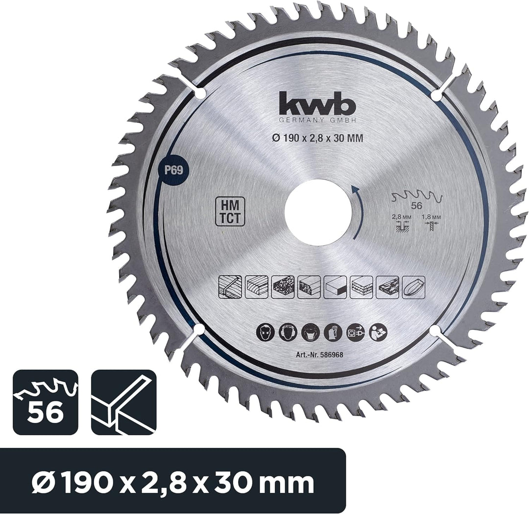 kwb Kreissägeblatt 190 x 30 mm, sehr feiner Schnitt, Sägeblatt geeignet für Arbeitsplatten, Holz und