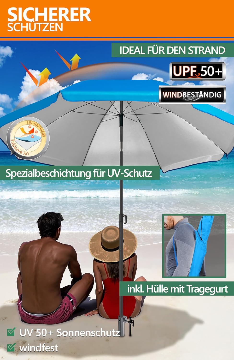 4smile Sonnenschirm Strand 200 cm 3-IN-1-SET, Strandschirm windfest stabil + Schutzhülle + Eindrehbo