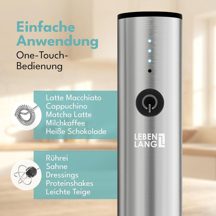 LEBENLANG Milchaufschäumer Stab elektrisch wiederaufladbar - USB Anschluss & Inkl. Extra Rührbesen I