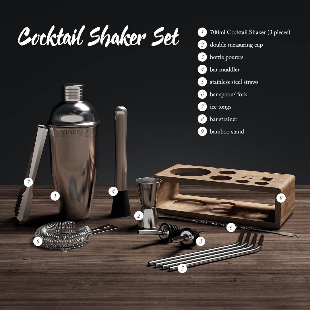 Cocktail Shaker Set mit Ständer & Rezeptbuch: Premium Edelstahl Bar Cocktailset Cocktailshaker Messb