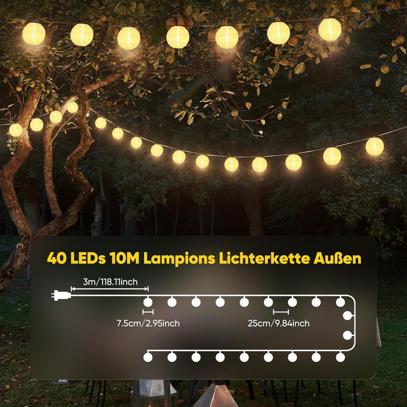 SALCAR 10m LED Lampion Aussen, 40er Laternen LED Lichterkette, Wasserdicht Gartenlaterne Deko für Dr