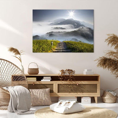 Bilder auf Leinwand 100x70cm Leinwandbild Berg Nebel Landschaft Morgen Gross Wanddeko Bild Schlafzim