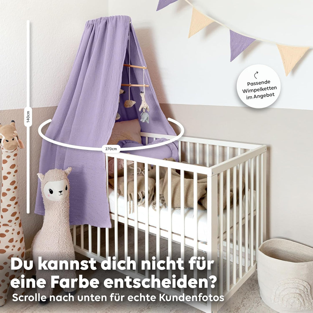Betthimmel Babybett mit Goldapplikationen [in 12 Farben] Himmel Babybett aus 100% Baumwolle Musselin
