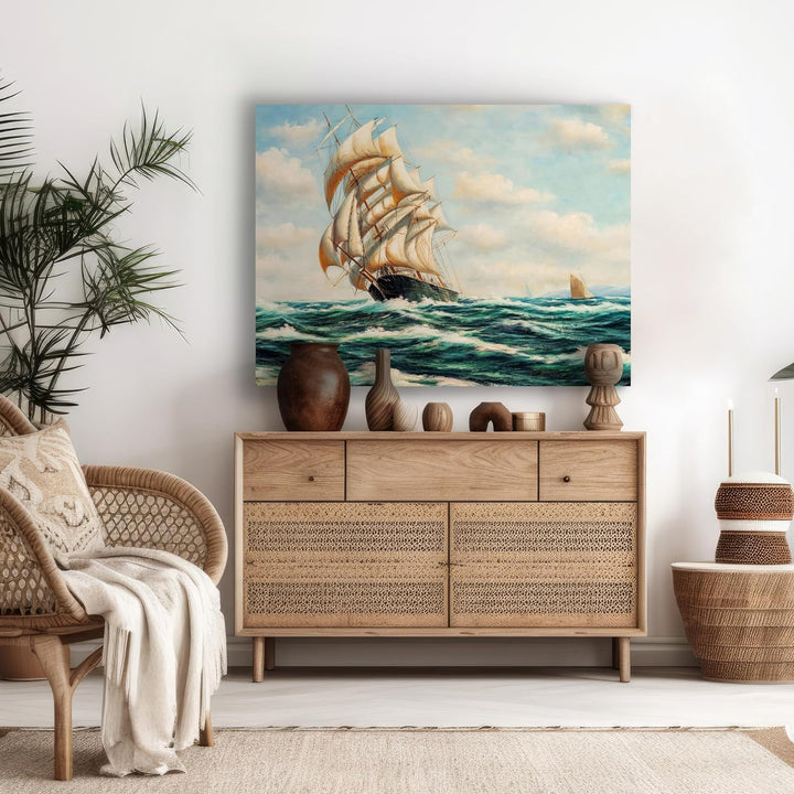 wandmotiv24 Leinwandbild Malerei, 80x60cm, Querformat, Schiff, Meer, Deko, Bilder auf Leinwand, Wand