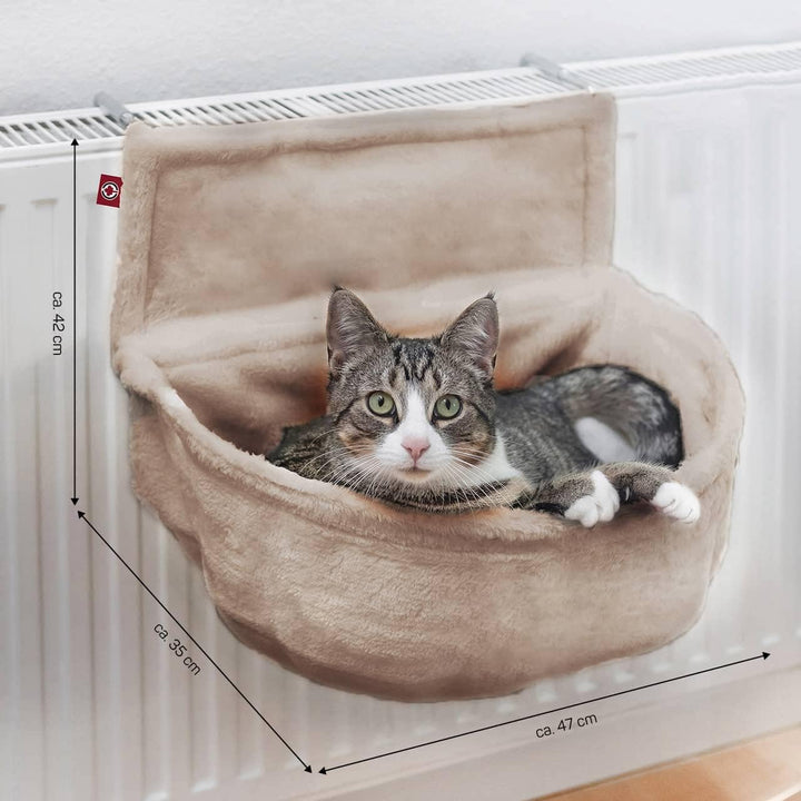 CanadianCat Company | Katzen Kuschelsack für Heizkörper | Beige | Liegemulde mit verstellbaren Bügel