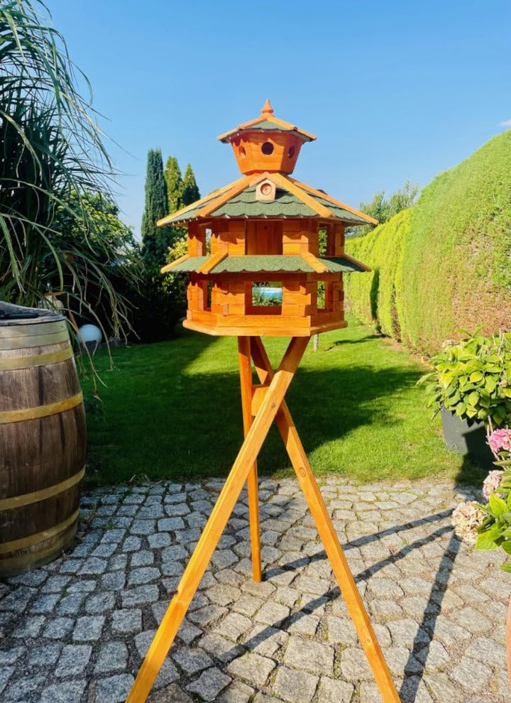 DARLUX Vogelvilla wetterfest von L bis XXL Futterhaus Vogelhaus mit oder ohne Ständer in Braun mit R
