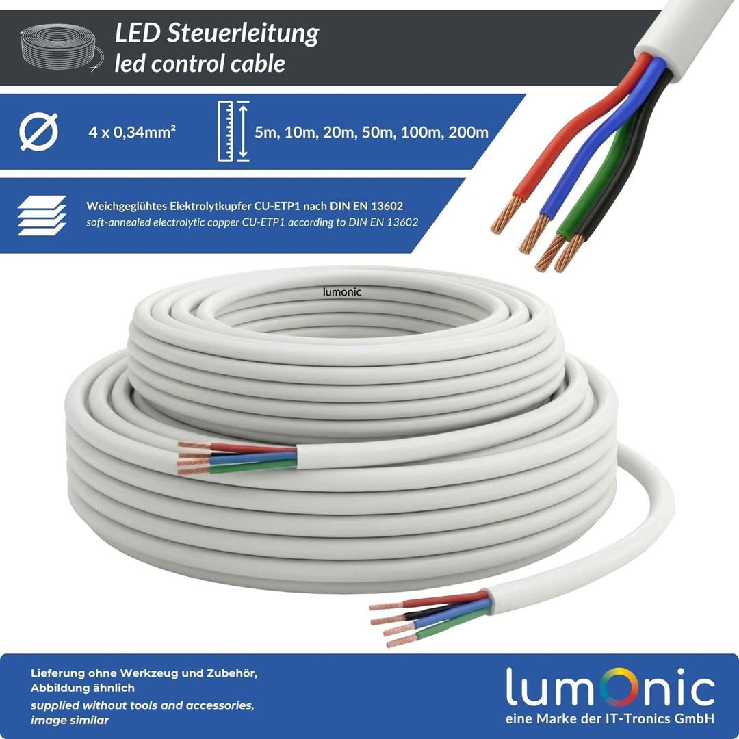Lumonic 4x 0,34mm² LED Steuerleitung weiss 20m I ummanteltes 4 adriges Kabel flexibel I Geschirmtes
