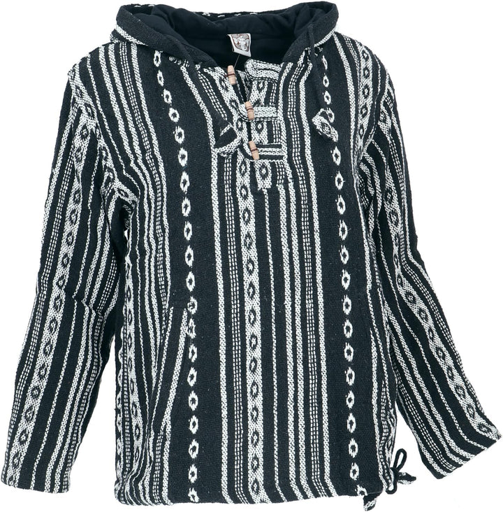 GURU SHOP Goa Kapuzenshirt, Baja Hoodie, Boho Style Kapuzenpullover, Herren, Baumwolle S Schwarz/Wei