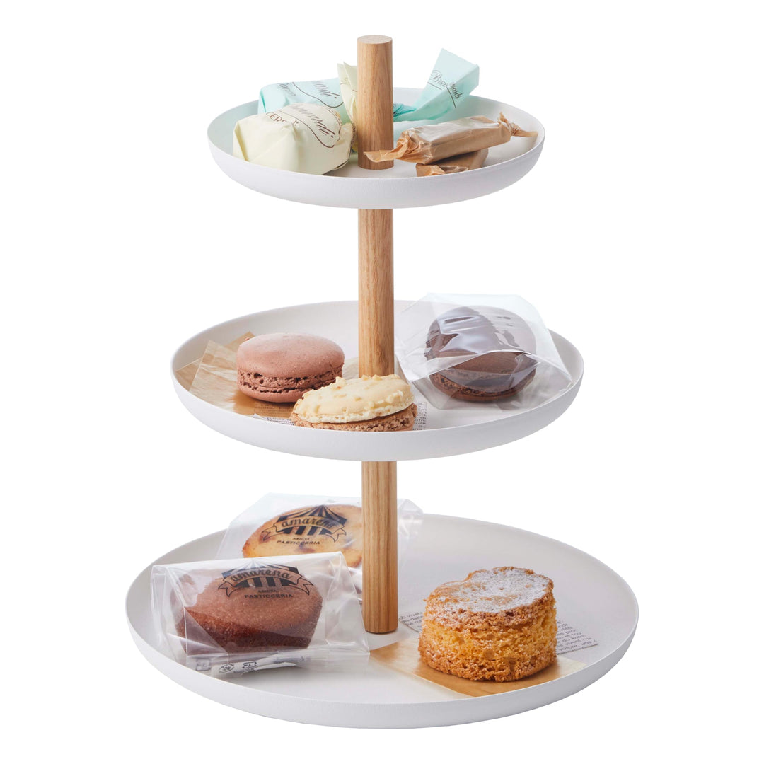 YAMAZAKI Tosca' 2419 3-stufiger Dessertständer für Wohnzimmer, Küche, Stahl, Holz, Weiss, L B 20 x H