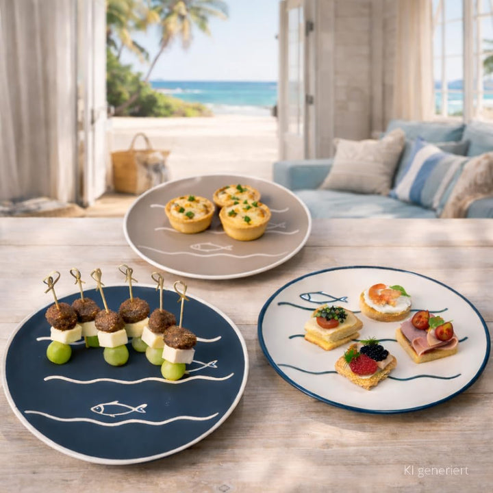 MamboCat 6er Set Dessertteller Fisch I 2X weiss, 2X beige, 2X blau I Keramik mit Fischmotiv I Ø 20,3