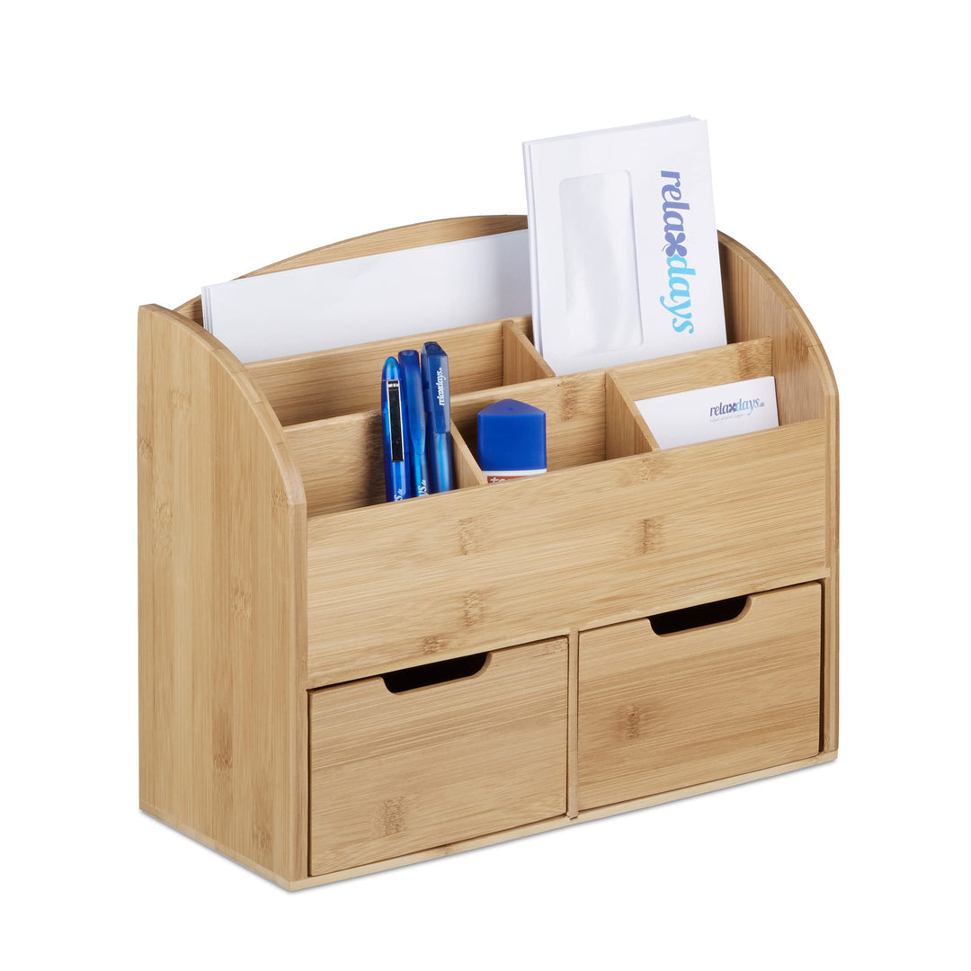 Relaxdays Schreibtisch-Organizer Bambus, Briefablage, 6 Fächer, 2 Schubladen, natürliche Maserung, H